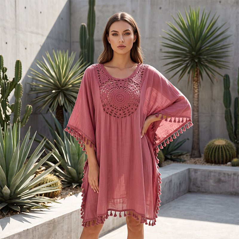 ✨Neu eingetroffen✨🌊Fließendes Patchwork-Strandkleid mit Boho-Quasten – ideal für den Urlaub