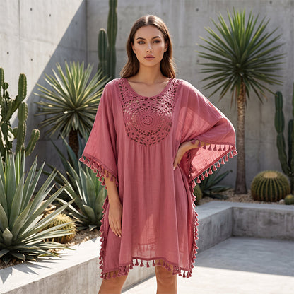 ✨Neu eingetroffen✨🌊Fließendes Patchwork-Strandkleid mit Boho-Quasten – ideal für den Urlaub
