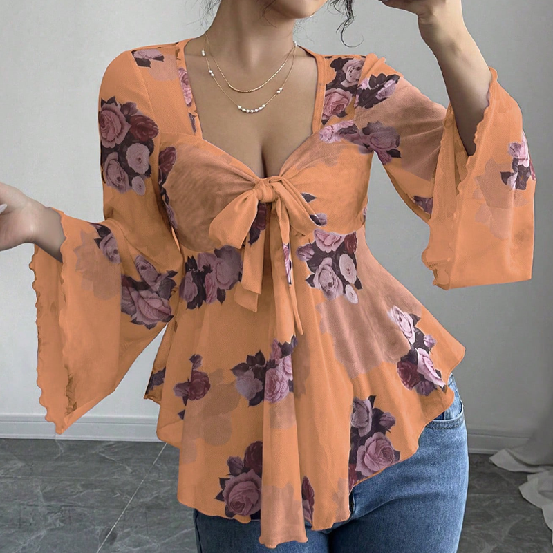 🌺Damenbluse mit Blumenmuster, quadratischem Ausschnitt und geknoteter Vorderseite