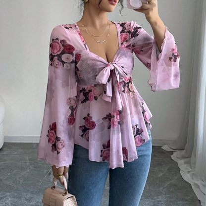 🌺Damenbluse mit Blumenmuster, quadratischem Ausschnitt und geknoteter Vorderseite