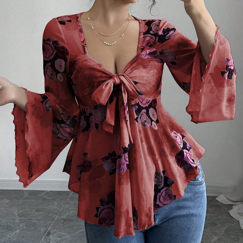 🌺Damenbluse mit Blumenmuster, quadratischem Ausschnitt und geknoteter Vorderseite