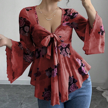 🌺Damenbluse mit Blumenmuster, quadratischem Ausschnitt und geknoteter Vorderseite