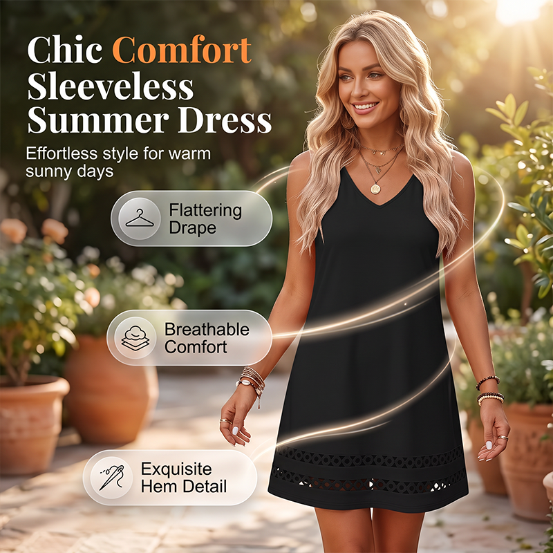 👗 Aktueller Trend! 🔥 Ärmelloses Kleid mit gestanztem Saum – vielseitiges Modell mit V-Ausschnitt – moderner Look, luftiger Schnitt & perfekt für warme Tage, Strand & Freizeit – einzigartiges Design mit Lochmuster-Saum