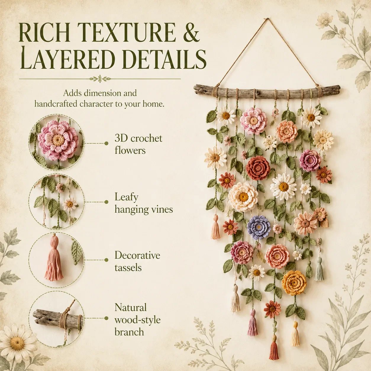 ❄️Sommerfrische 50 % Rabatt!🌸Gehäkelte Blumen-Wanddeko – Boho-Wandhänger mit Blumen, grünen Ranken & Quasten für Schlafzimmer und Wohnzimmer