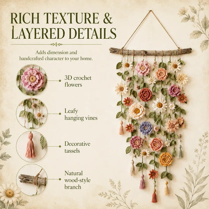 ❄️Sommerfrische 50 % Rabatt!🌸Gehäkelte Blumen-Wanddeko – Boho-Wandhänger mit Blumen, grünen Ranken & Quasten für Schlafzimmer und Wohnzimmer