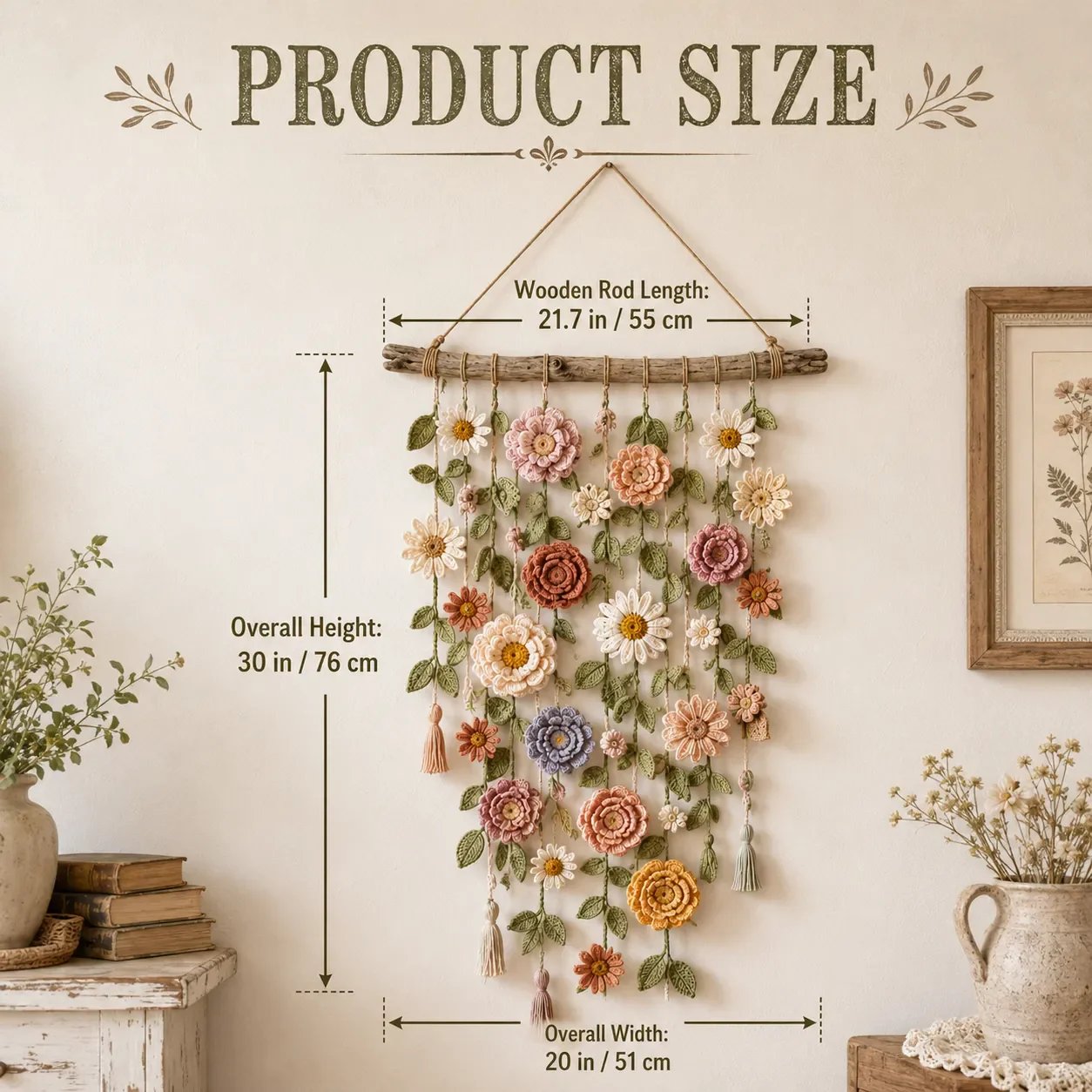 ❄️Sommerfrische 50 % Rabatt!🌸Gehäkelte Blumen-Wanddeko – Boho-Wandhänger mit Blumen, grünen Ranken & Quasten für Schlafzimmer und Wohnzimmer