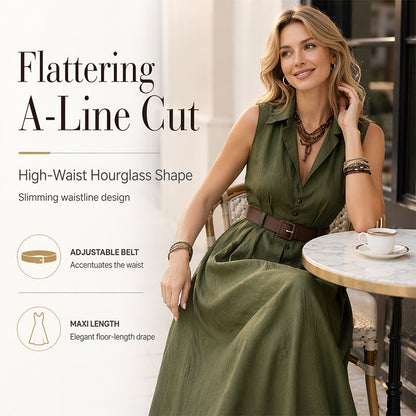 Trending Now⭐💃 Flowy A-Line Maxi Dress with Lapel Collar & Matching Belt