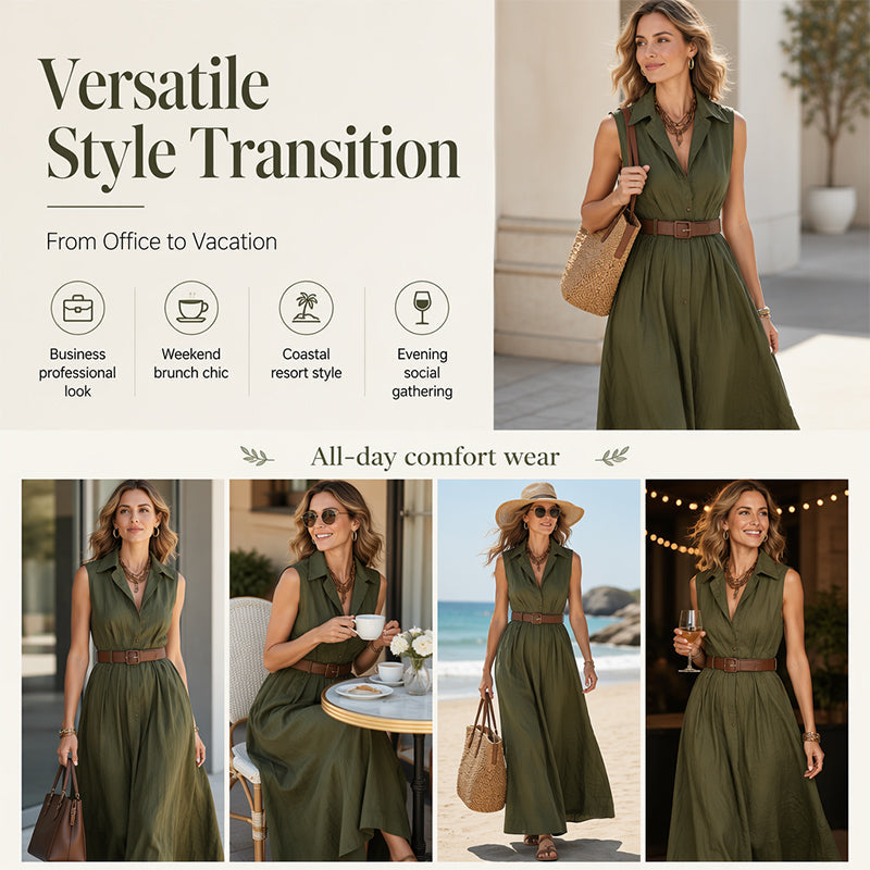 Trending Now⭐💃 Flowy A-Line Maxi Dress with Lapel Collar & Matching Belt