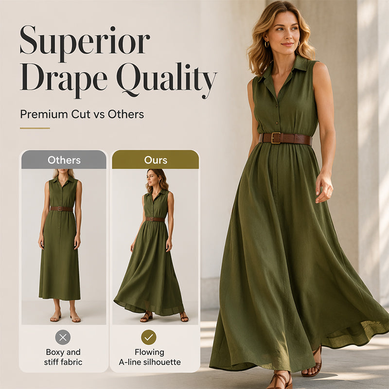 Trending Now⭐💃 Flowy A-Line Maxi Dress with Lapel Collar & Matching Belt