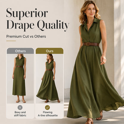 Trending Now⭐💃 Flowy A-Line Maxi Dress with Lapel Collar & Matching Belt