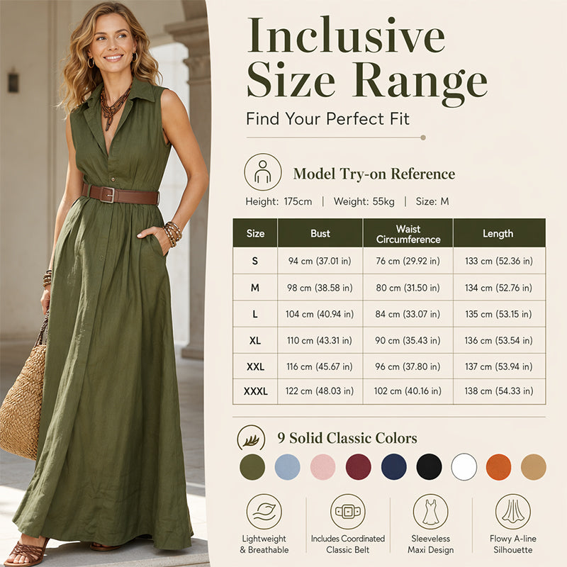 Trending Now⭐💃 Flowy A-Line Maxi Dress with Lapel Collar & Matching Belt