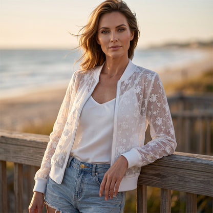 🏆 Verkaufsschlager – jetzt halber Preis! Damen-Baseballjacke aus transparenter Blumen-Spitze mit Reißverschluss
