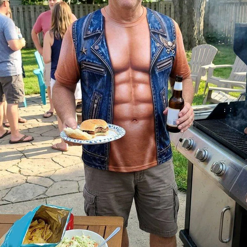 ❄️Sommerfrische 50 % Rabatt!✨Lustiges Herren-T-Shirt mit Fake-Muskelprint – Auffälliges Party-Shirt für BBQ, Motorradtouren, Partys & als Geschenk
