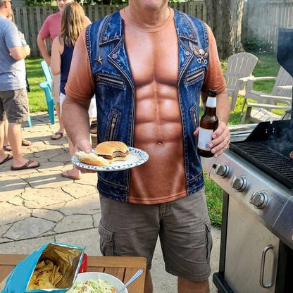 ❄️Sommerfrische 50 % Rabatt!✨Lustiges Herren-T-Shirt mit Fake-Muskelprint – Auffälliges Party-Shirt für BBQ, Motorradtouren, Partys & als Geschenk