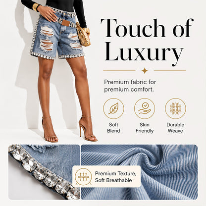 🌟 Der Look, den alle suchen – bei uns 50% günstiger! ⌛Zeitlich begrenztes Angebot – Damen-Rhinsten-Ripped-Denim-Shorts
