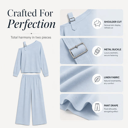 ✨Elegantes Set aus One-Shoulder-Oberteil und Hose mit weitem Bein für Damen
