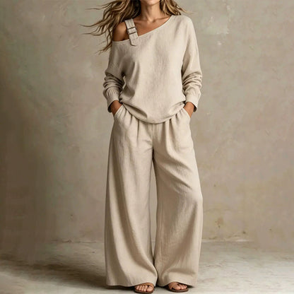 ✨Elegantes Set aus One-Shoulder-Oberteil und Hose mit weitem Bein für Damen