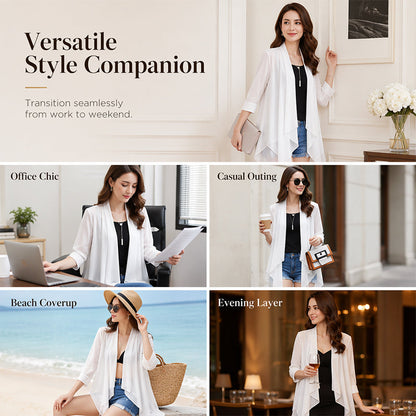🌸 Zarter Chiffon trifft auf lässige Eleganz – dieser leichte Cardigan ist das Must-have für jede Jahreszeit. Angenehm weicher Stoff, femininer Schnitt und unendlich viele Kombinationsmöglichkeiten. Hol dir jetzt dein neues Lieblingsteil! ✨👗