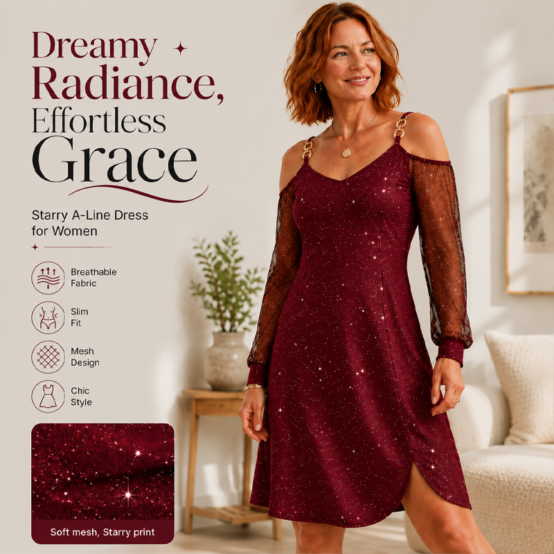 ✨👗Elegantes schulterfreies Kleid mit Netzärmeln