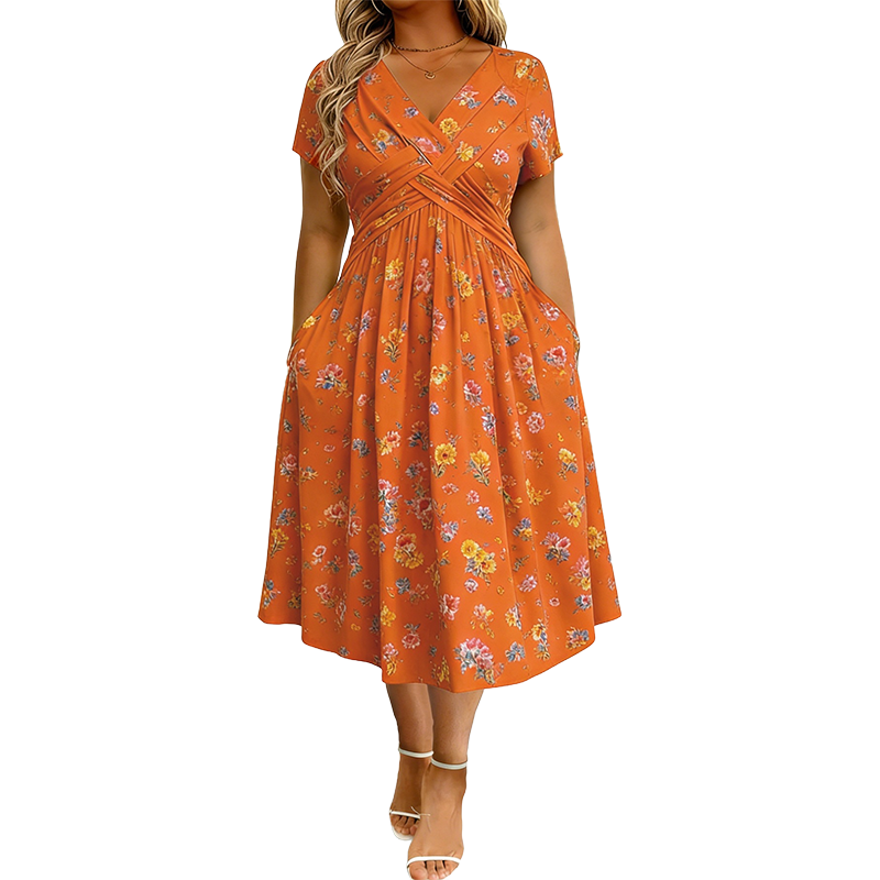 🌸 50 % RABATT | Mühelose Eleganz – Florales V-Ausschnitt-Kleid mit schmeichelhaftem Taillendetail
