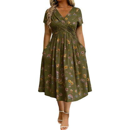 🌸 50 % RABATT | Mühelose Eleganz – Florales V-Ausschnitt-Kleid mit schmeichelhaftem Taillendetail