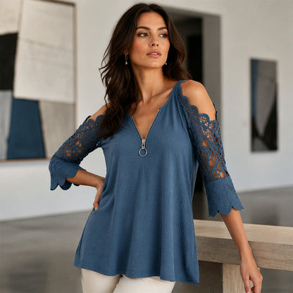 🌸 Zarte Spitze-Damen-Top aus Spitze mit freien Schultern und Reißverschluss
