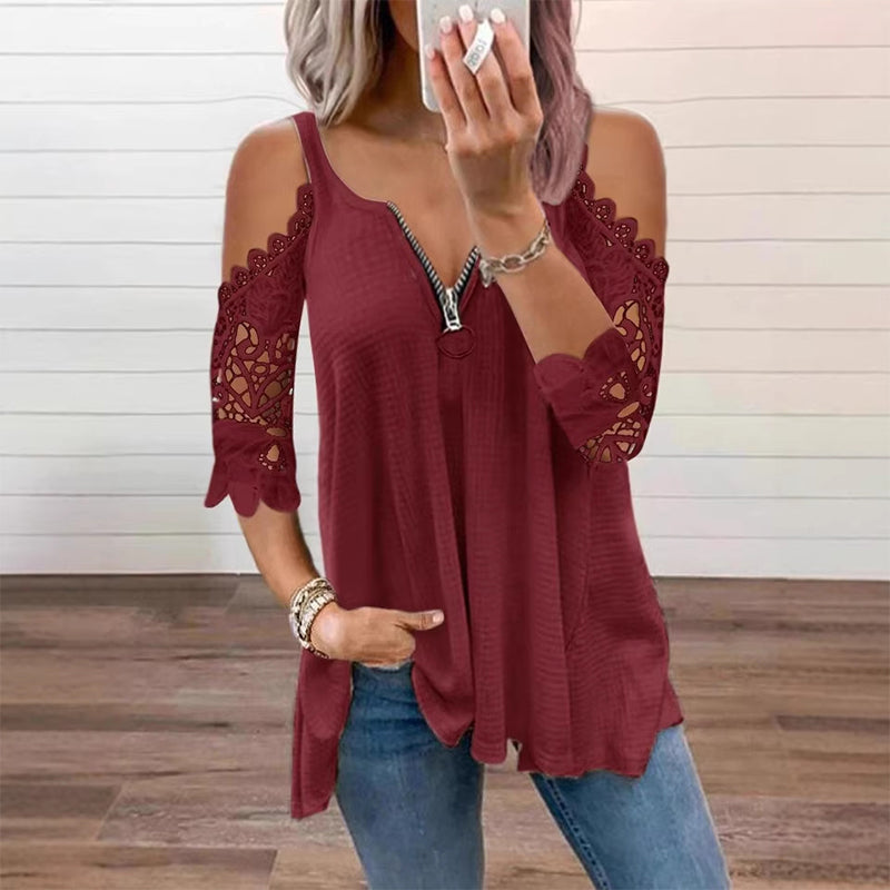 🌸 Zarte Spitze-Damen-Top aus Spitze mit freien Schultern und Reißverschluss