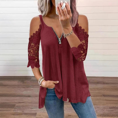 🌸 Zarte Spitze-Damen-Top aus Spitze mit freien Schultern und Reißverschluss