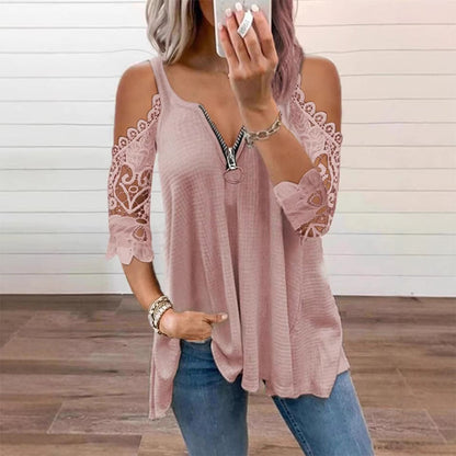 🌸 Zarte Spitze-Damen-Top aus Spitze mit freien Schultern und Reißverschluss