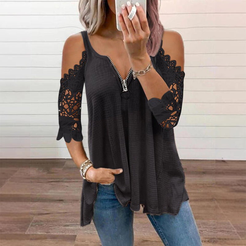 🌸 Zarte Spitze-Damen-Top aus Spitze mit freien Schultern und Reißverschluss