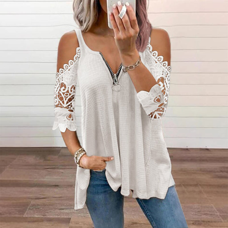 🌸 Zarte Spitze-Damen-Top aus Spitze mit freien Schultern und Reißverschluss