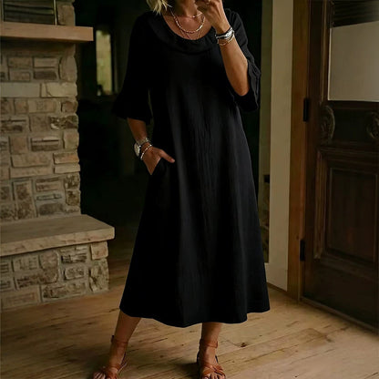 👗 Damen lässiges Sommerkleid mit rundem Ausschnitt – bequem, luftig & vielseitig – perfekt für warme Tage, Strand & Freizeit – zeitloser Look, weicher Stoff & figurschmeichelnder Schnitt – ideal für entspannte Stunden & den täglichen Gebrauch