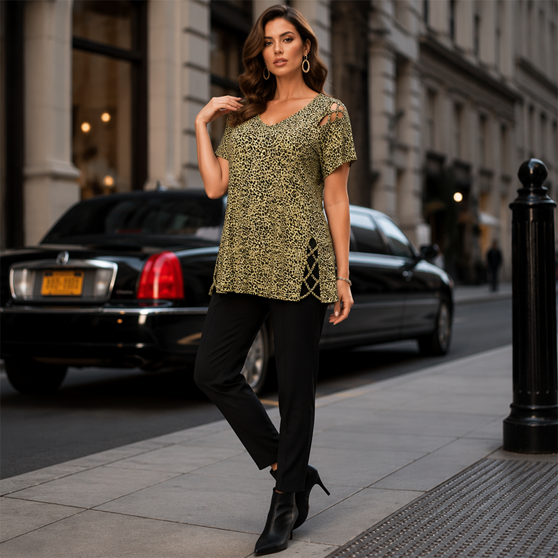 🐆 Locker sitzendes Damen-T-Shirt mit V-Ausschnitt & Leopardenmuster – Bequem, modisch & vielseitig