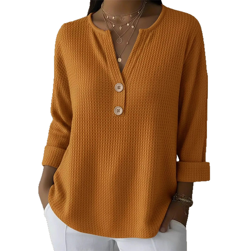 👚Top-Auswahl – Henley-Shirt mit V-Ausschnitt und Waffelstruktur – Atmungsaktiver Stoff und vielseitige Unifarben 🌿