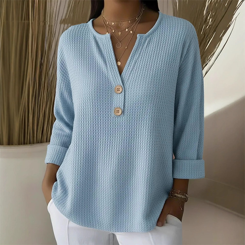 👚Top-Auswahl – Henley-Shirt mit V-Ausschnitt und Waffelstruktur – Atmungsaktiver Stoff und vielseitige Unifarben 🌿