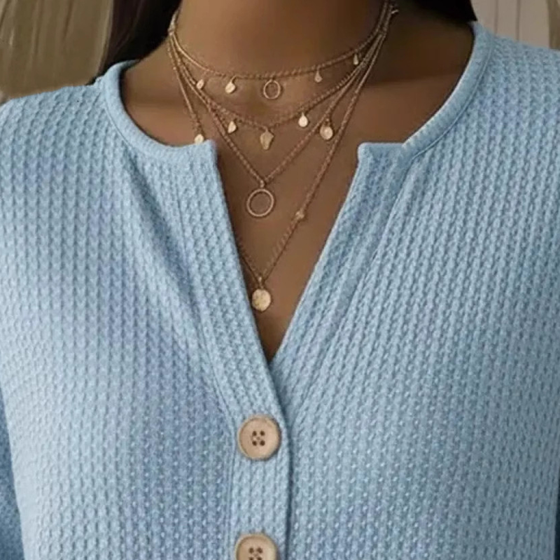 👚Top-Auswahl – Henley-Shirt mit V-Ausschnitt und Waffelstruktur – Atmungsaktiver Stoff und vielseitige Unifarben 🌿
