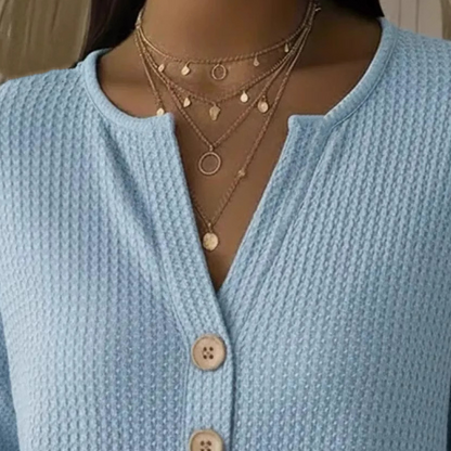 👚Top-Auswahl – Henley-Shirt mit V-Ausschnitt und Waffelstruktur – Atmungsaktiver Stoff und vielseitige Unifarben 🌿