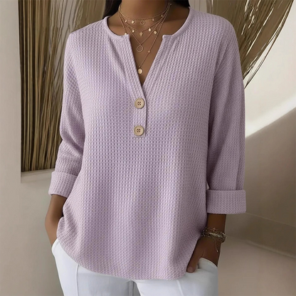 👚Top-Auswahl – Henley-Shirt mit V-Ausschnitt und Waffelstruktur – Atmungsaktiver Stoff und vielseitige Unifarben 🌿