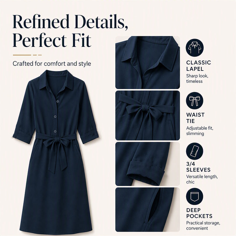 👗 Damen-Shirtkleid mit 3/4-Ärmeln & Gürtel – Figurschmeichelnd, vielseitig & bequem | Perfekt für jeden Anlass
