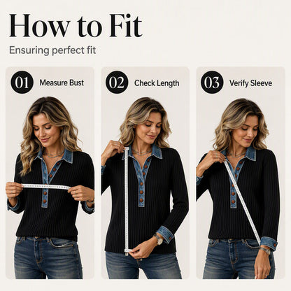 🧵 Strick-Patchwork-Top mit Jeanskragen – Weiche Qualität, lässiger Look & einzigartiges Design – Ideal für Alltag & Freizeit versandfrei