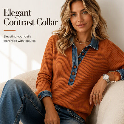 🧵 Strick-Patchwork-Top mit Jeanskragen – Weiche Qualität, lässiger Look & einzigartiges Design – Ideal für Alltag & Freizeit versandfrei