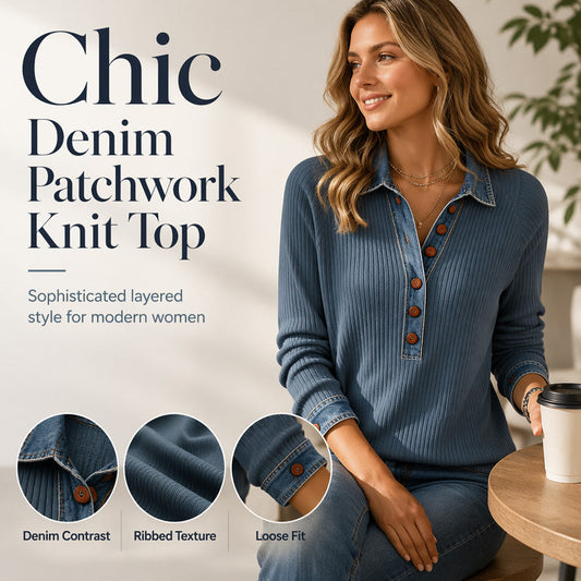 🧵 Strick-Patchwork-Top mit Jeanskragen – Weiche Qualität, lässiger Look & einzigartiges Design – Ideal für Alltag & Freizeit versandfrei