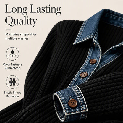 🧵 Strick-Patchwork-Top mit Jeanskragen – Weiche Qualität, lässiger Look & einzigartiges Design – Ideal für Alltag & Freizeit versandfrei