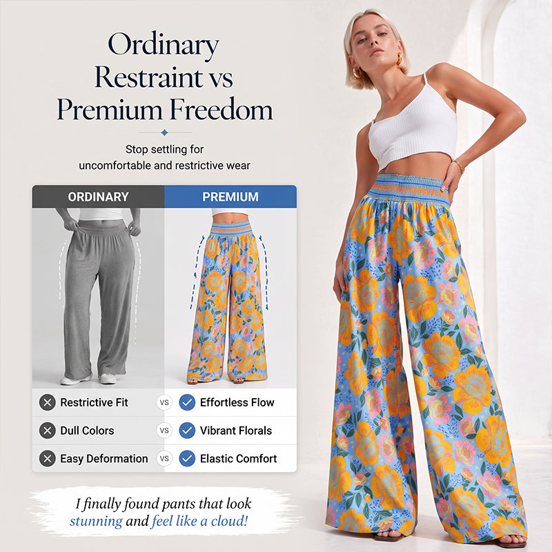 Damen Blumenprint-Hochtaillierte-Weitbein-Hose