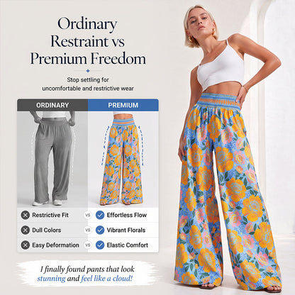 Damen Blumenprint-Hochtaillierte-Weitbein-Hose