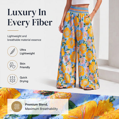 Damen Blumenprint-Hochtaillierte-Weitbein-Hose