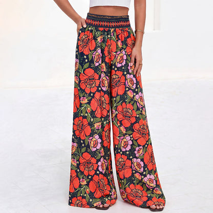 Damen Blumenprint-Hochtaillierte-Weitbein-Hose