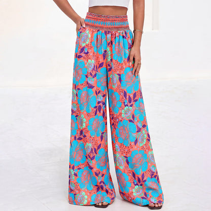 Damen Blumenprint-Hochtaillierte-Weitbein-Hose