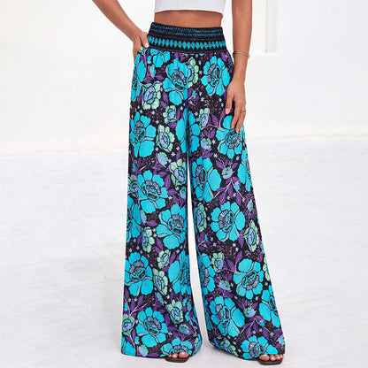 Damen Blumenprint-Hochtaillierte-Weitbein-Hose