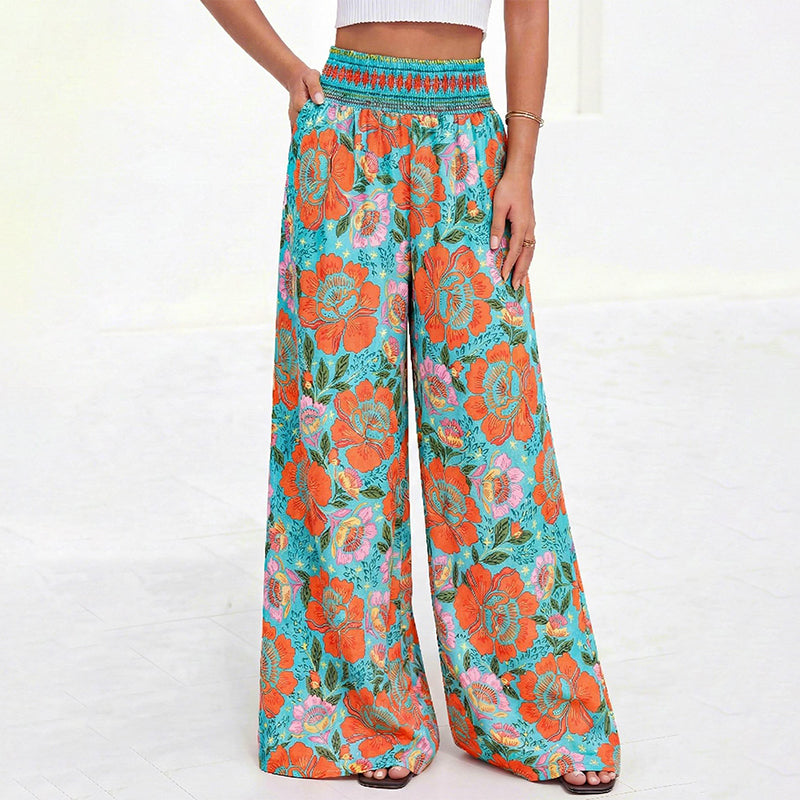 Damen Blumenprint-Hochtaillierte-Weitbein-Hose